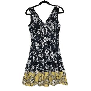 Vince Camuto Floral Dress Womens 4 Navy Blue Yellow Sleeveless A-Line Pockets